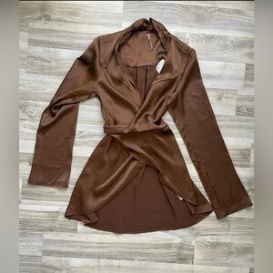 Free People brown wrap front long sleeve tunic top XS soft drapey texture